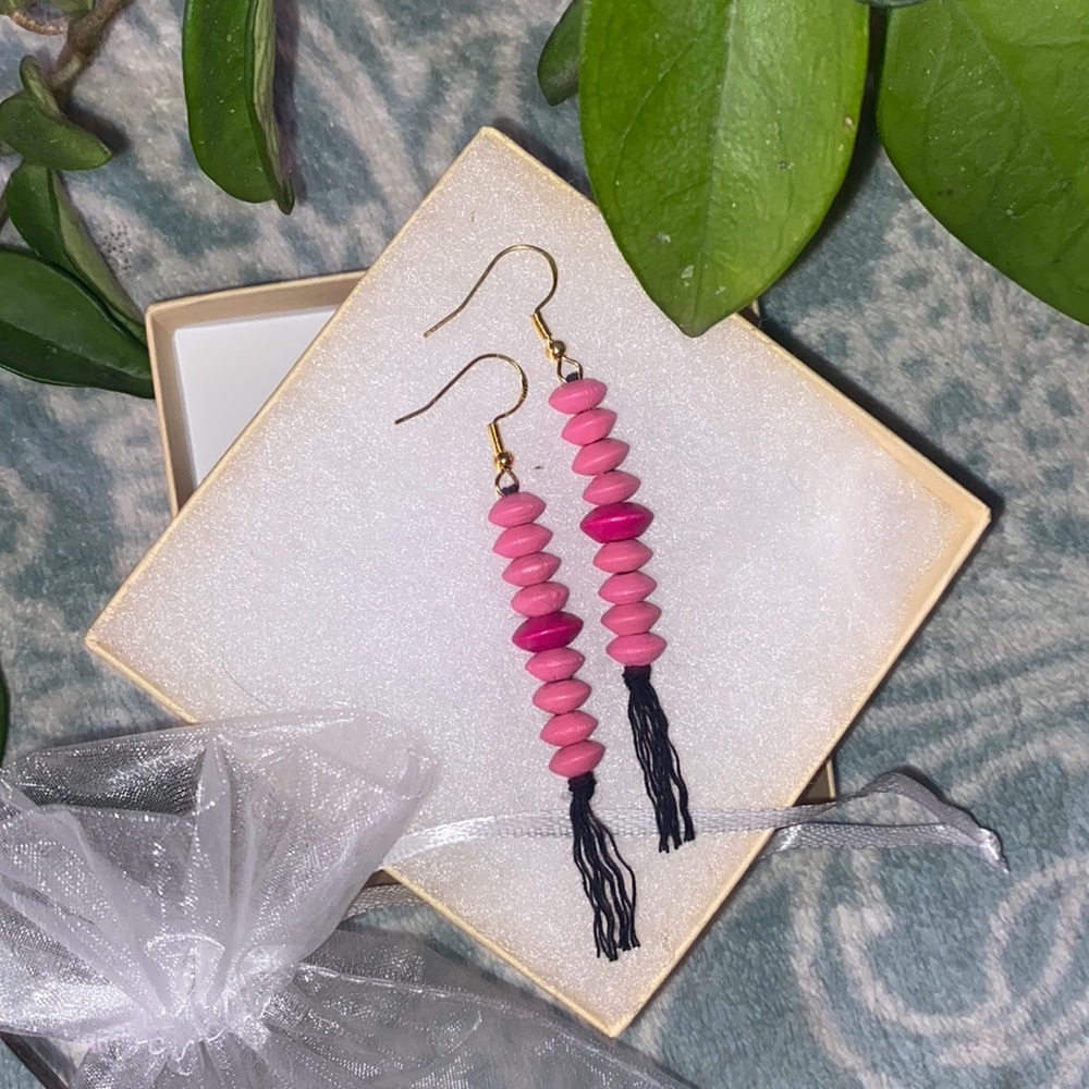Magenta Pink Hand Crafted Macrame Tassel Fringe Earrings Wood Beaded Accents